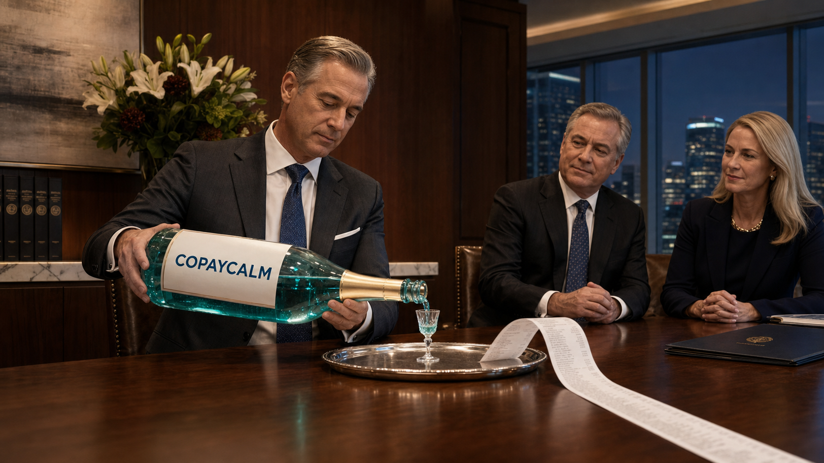 A chief financial officer ceremonially pours Copaycalm into a tiny crystal glass beside an endless receipt.