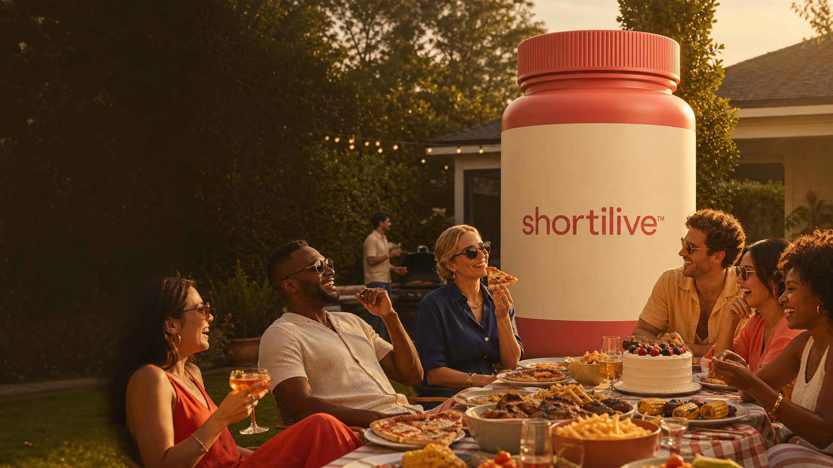 Friends enjoy pizza, fries, barbecue, and birthday cake beside an enormous coral shortilive bottle at golden hour.