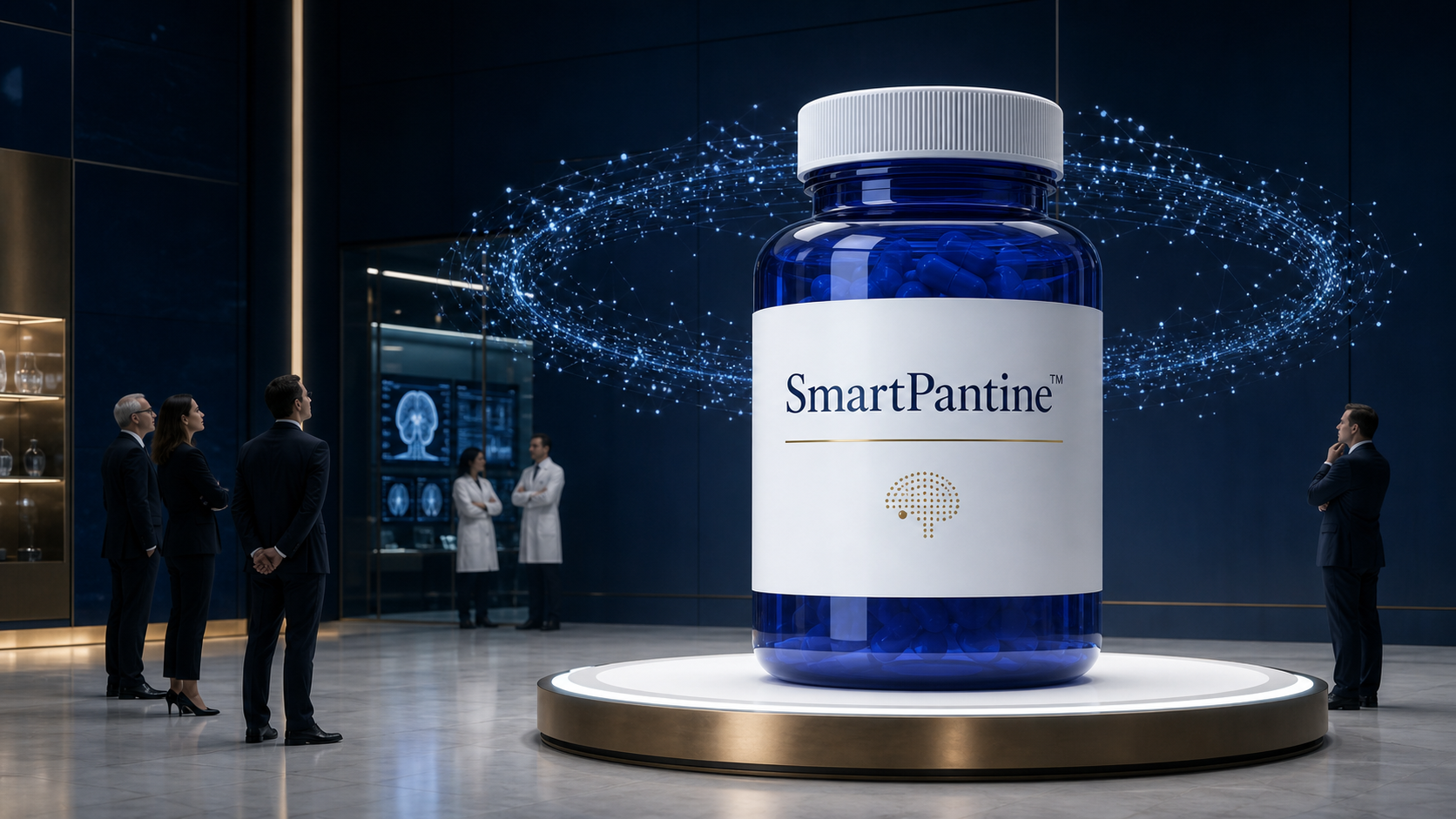 An enormous cobalt SmartPantine bottle displayed in a dark corporate neuroscience laboratory.