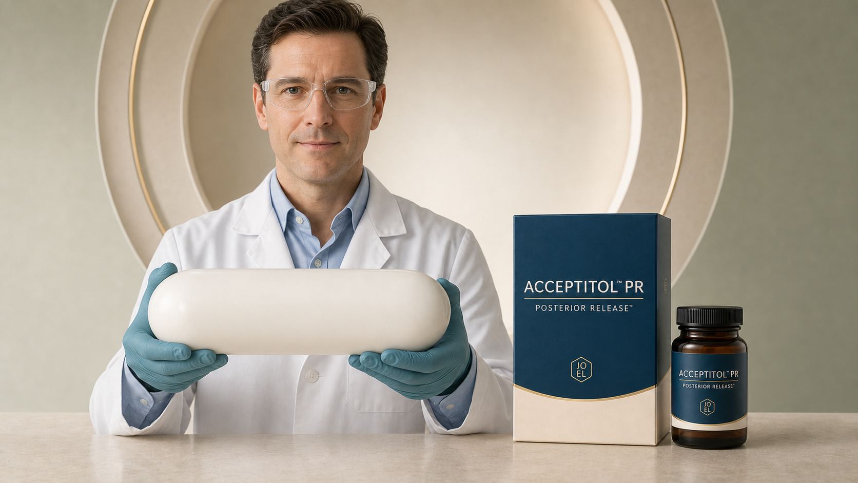 Acceptitol PR Posterior Release carton, amber bottle, and a single sealed dose in an elegant cream and sage studio.